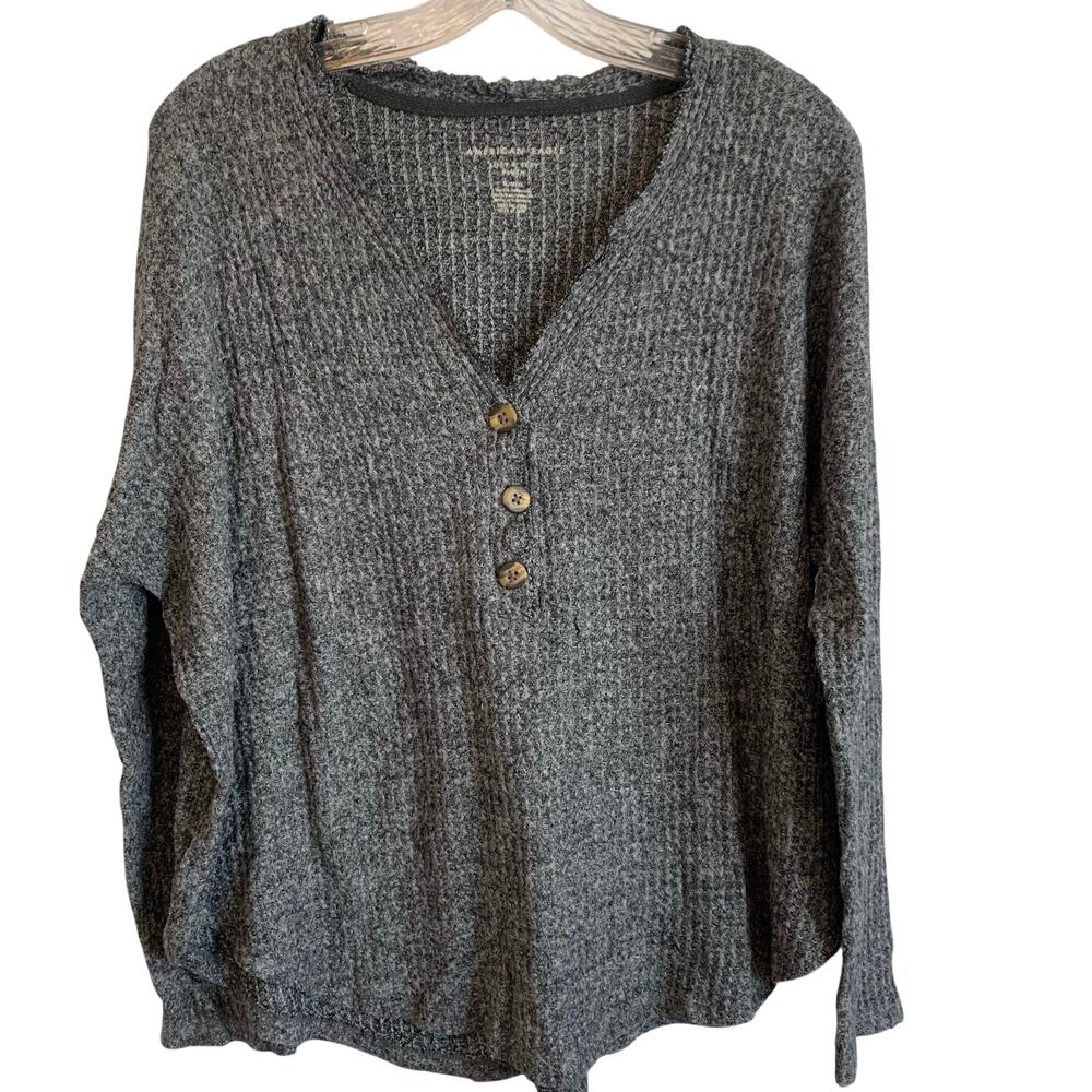 American Eagle Womens Medium Gray Waffle Soft Sexy Plush Long Sleeve Shirt Y2K